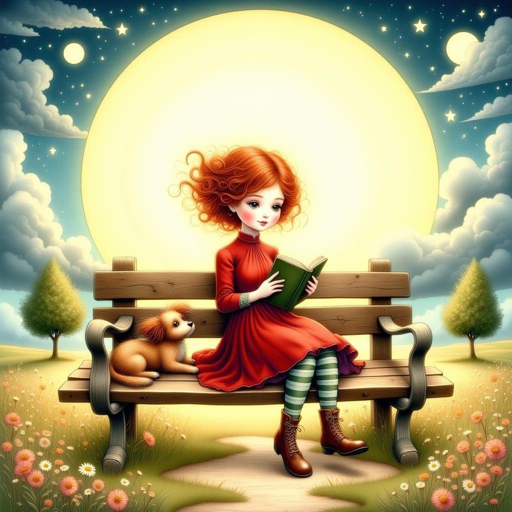 Redhead Girl Reading Book on Park Bench