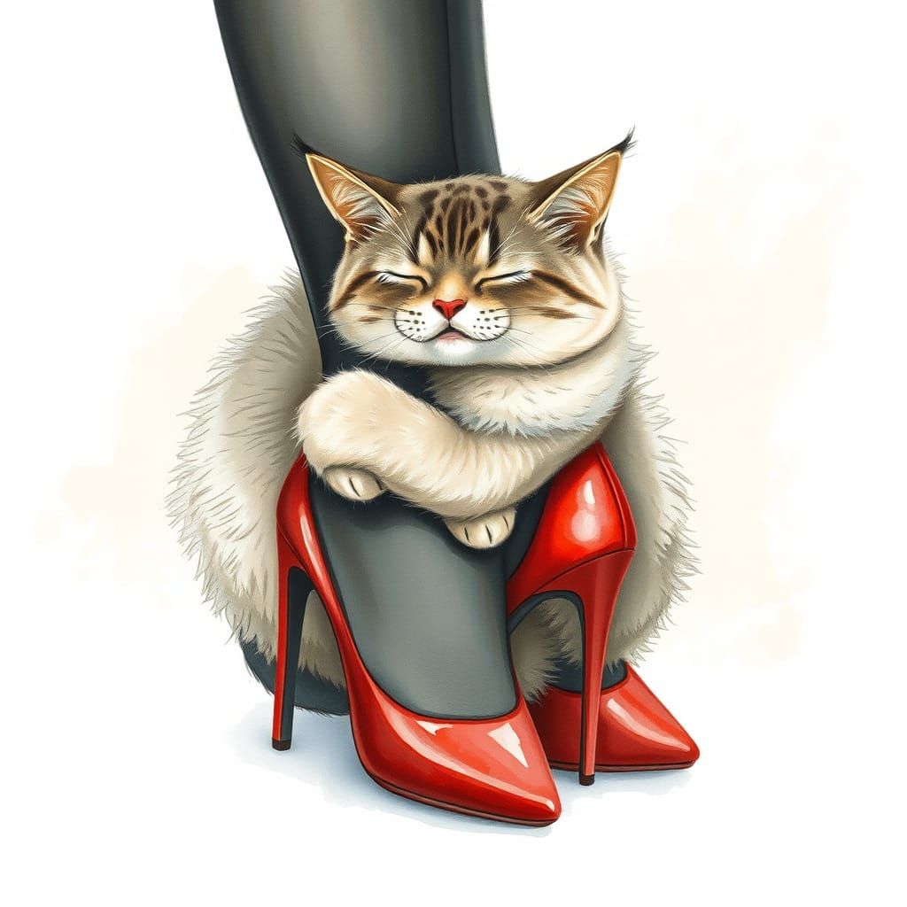 Surreal Cat Cuddles Elegant Legs in Red High Heels, Gouache ...