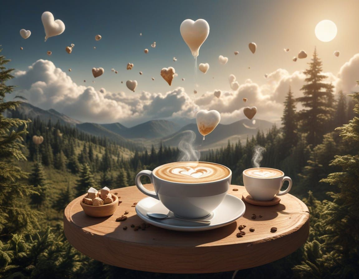 Surreal Coffee Dreamscape: Floating Bed and Latte Clouds