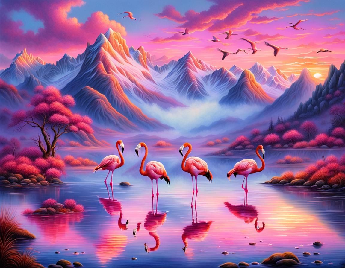 Flamingos at Sunset: Ethereal Fantasy Airbrush Painting