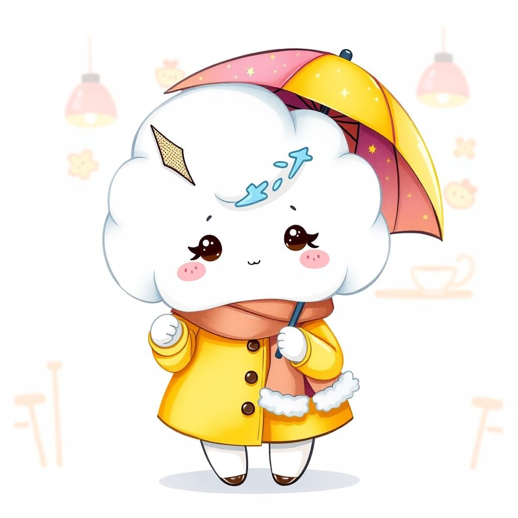Kawaii Cloud Character in Raincoat with Umbrella