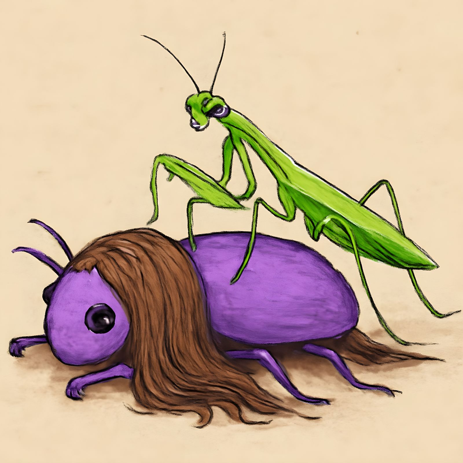 Purple Bug with Mantis: A Surreal Digital Artwork