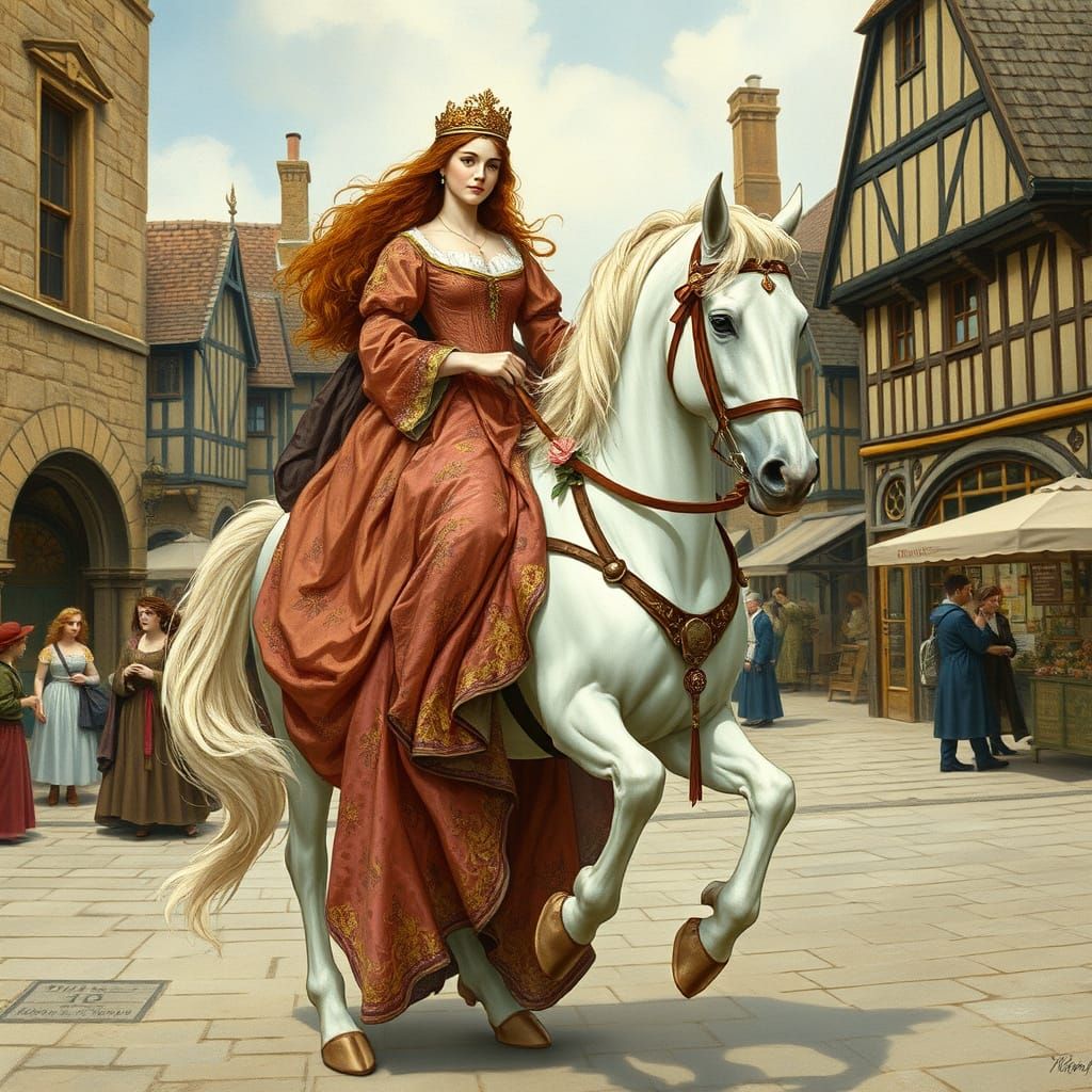 Medieval Lady Godiva Rides Majestically in Pre-Raphaelite St...