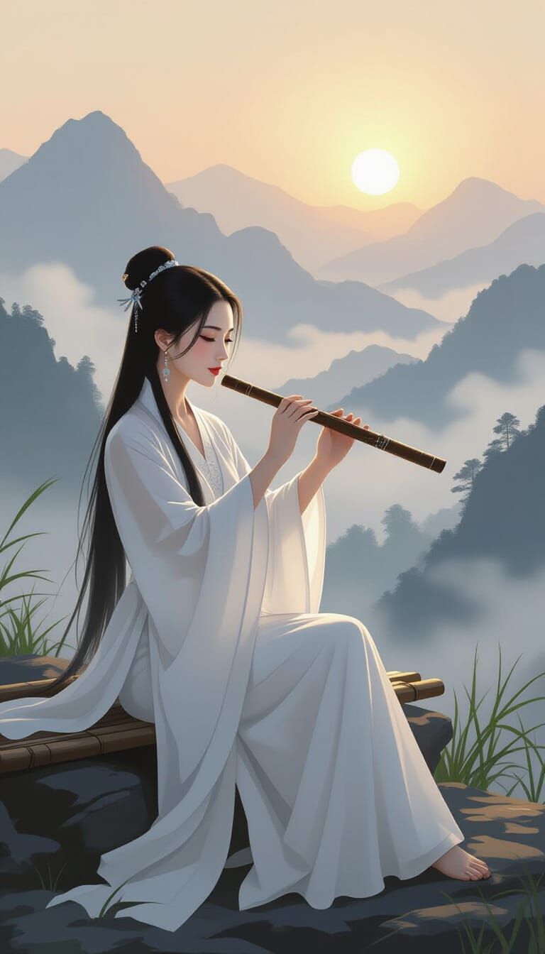 Vietnamese Woman Playing Flute in Misty Mountains