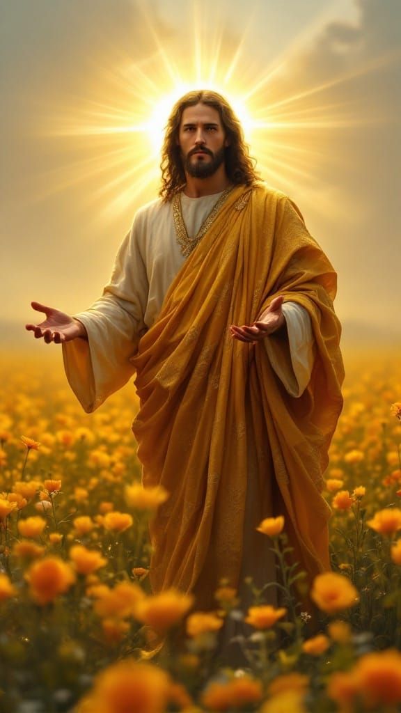 Golden Jesus in Sunlit Field of Flowers