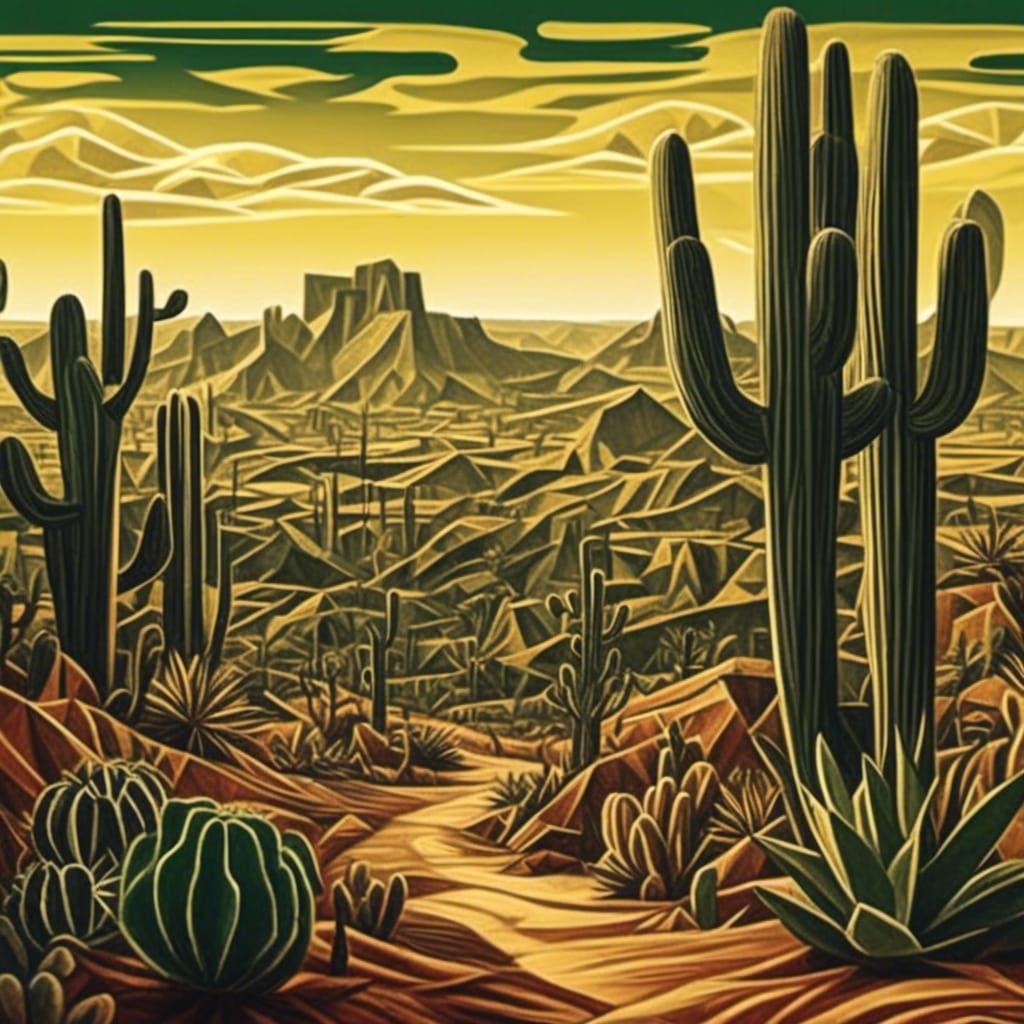 Desert Cactus Landscape in Sepia Tones