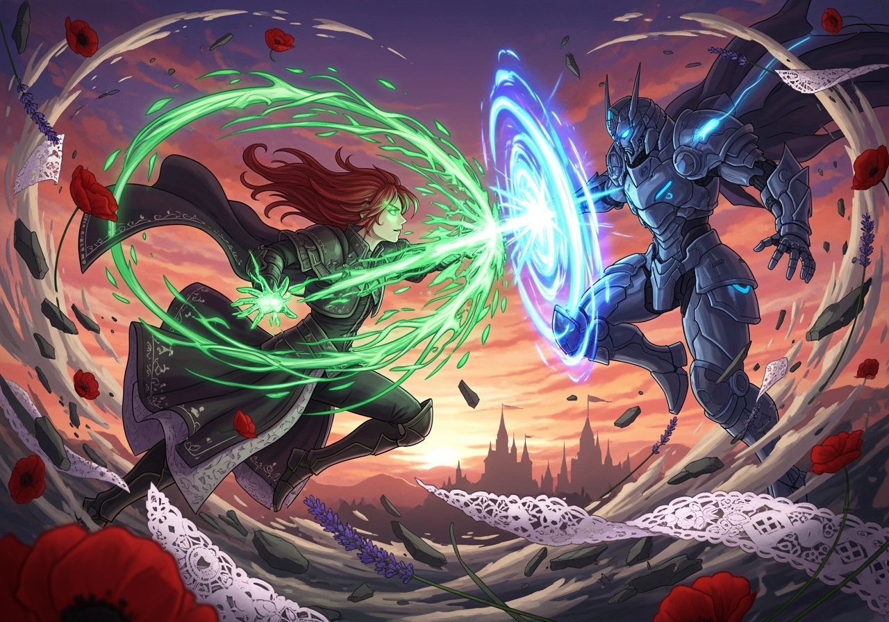 Anime Battle: Red vs Blue Energy Amidst Sunset and Debris