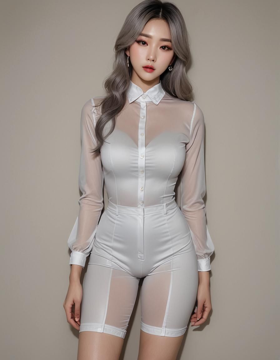 Korean Newhalf with Bulge in Leather Bodysuit