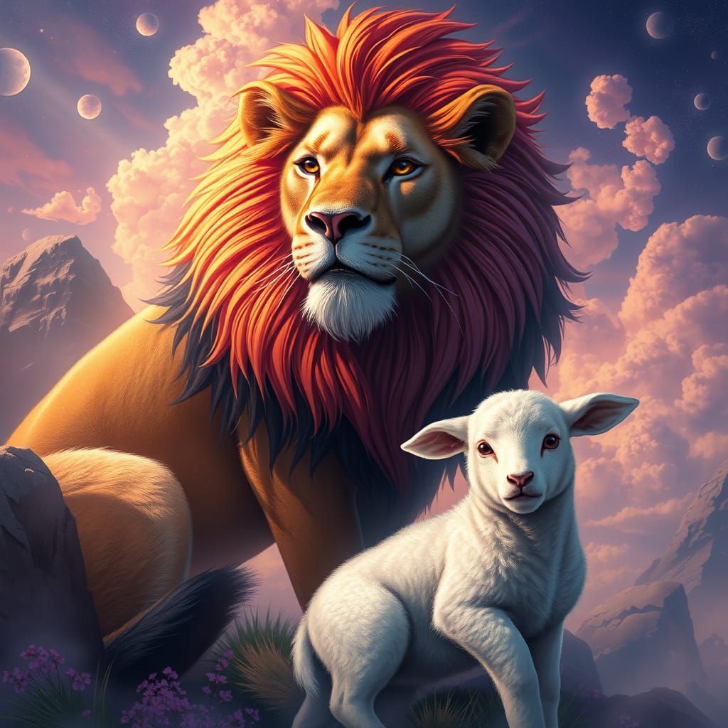 Dreamlike Encounter: Majestic Lion Meets Serene Lamb in Vibr...