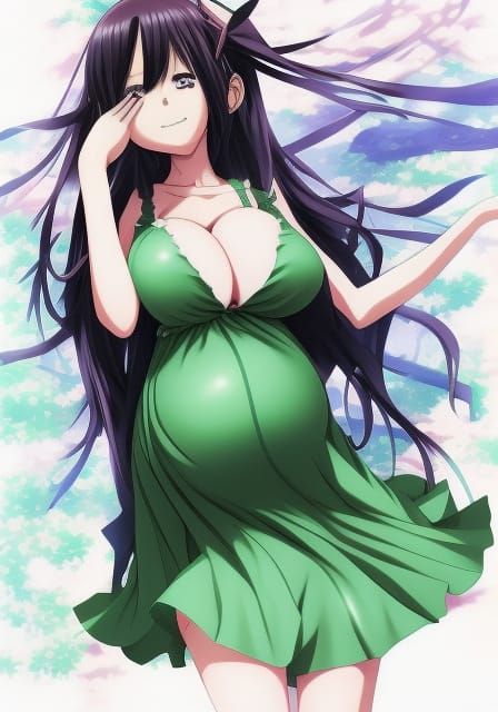 Happy Pregnant Anime Girl in Green Dress