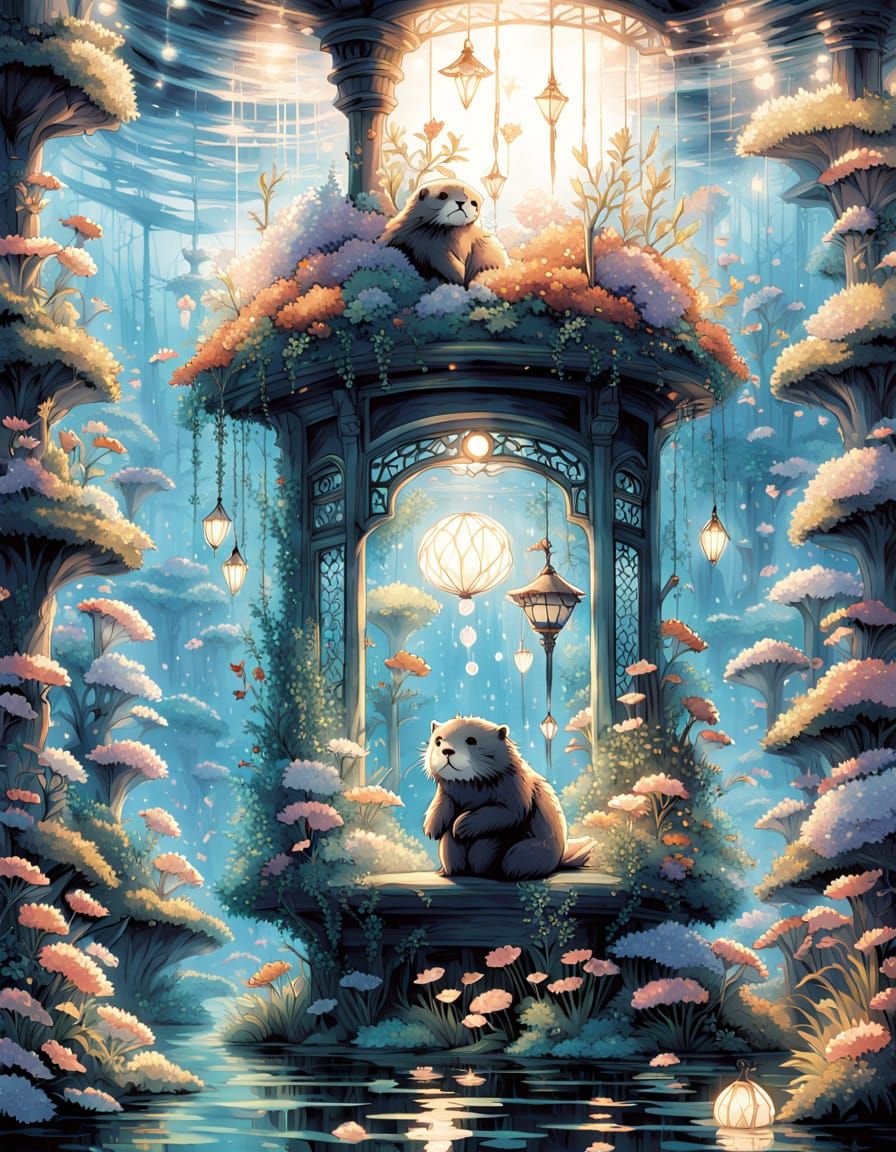 Crystal Otter's Bioluminescent Dive: Watercolor Ghibli Style