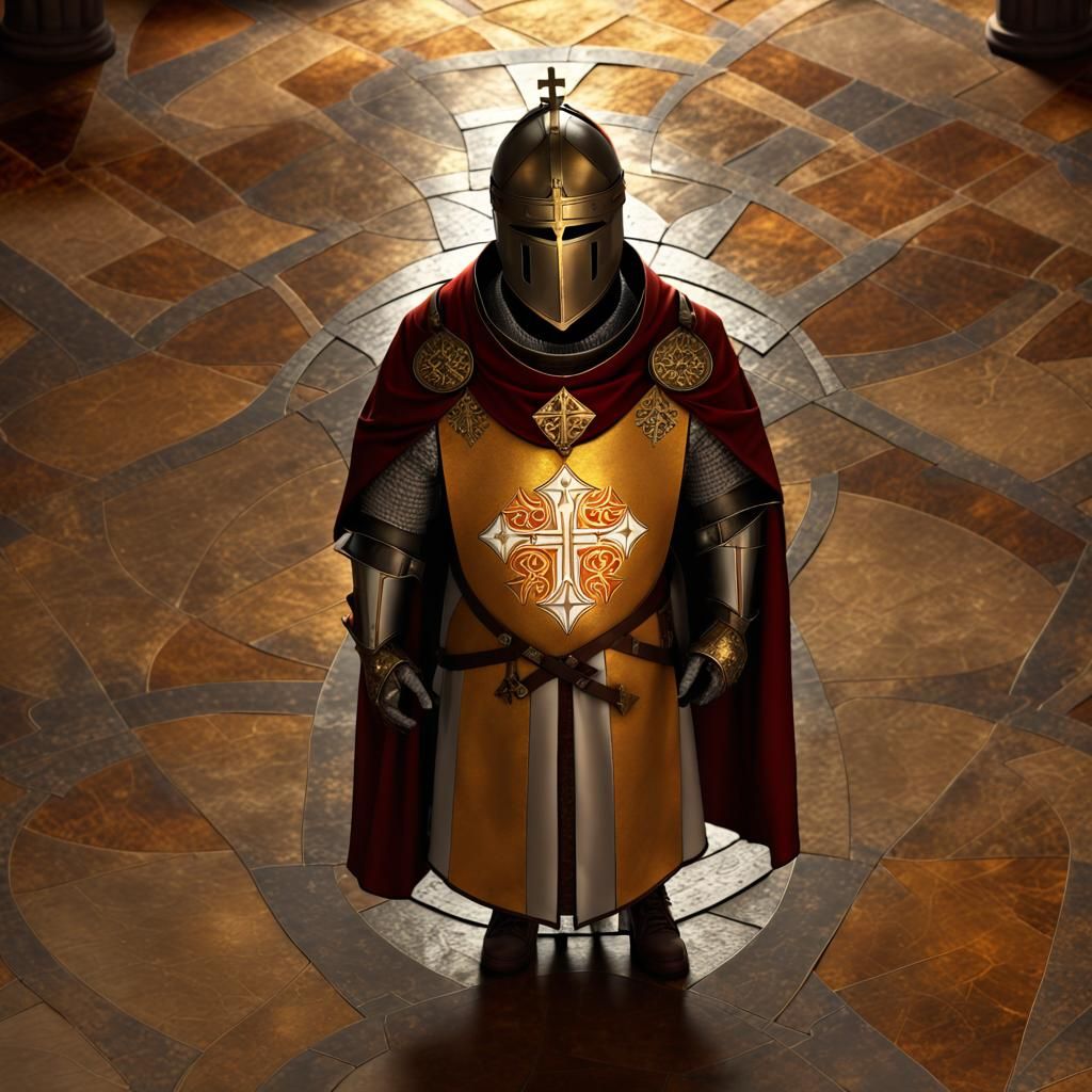 Knight in Cathedral with Religious Symbol
