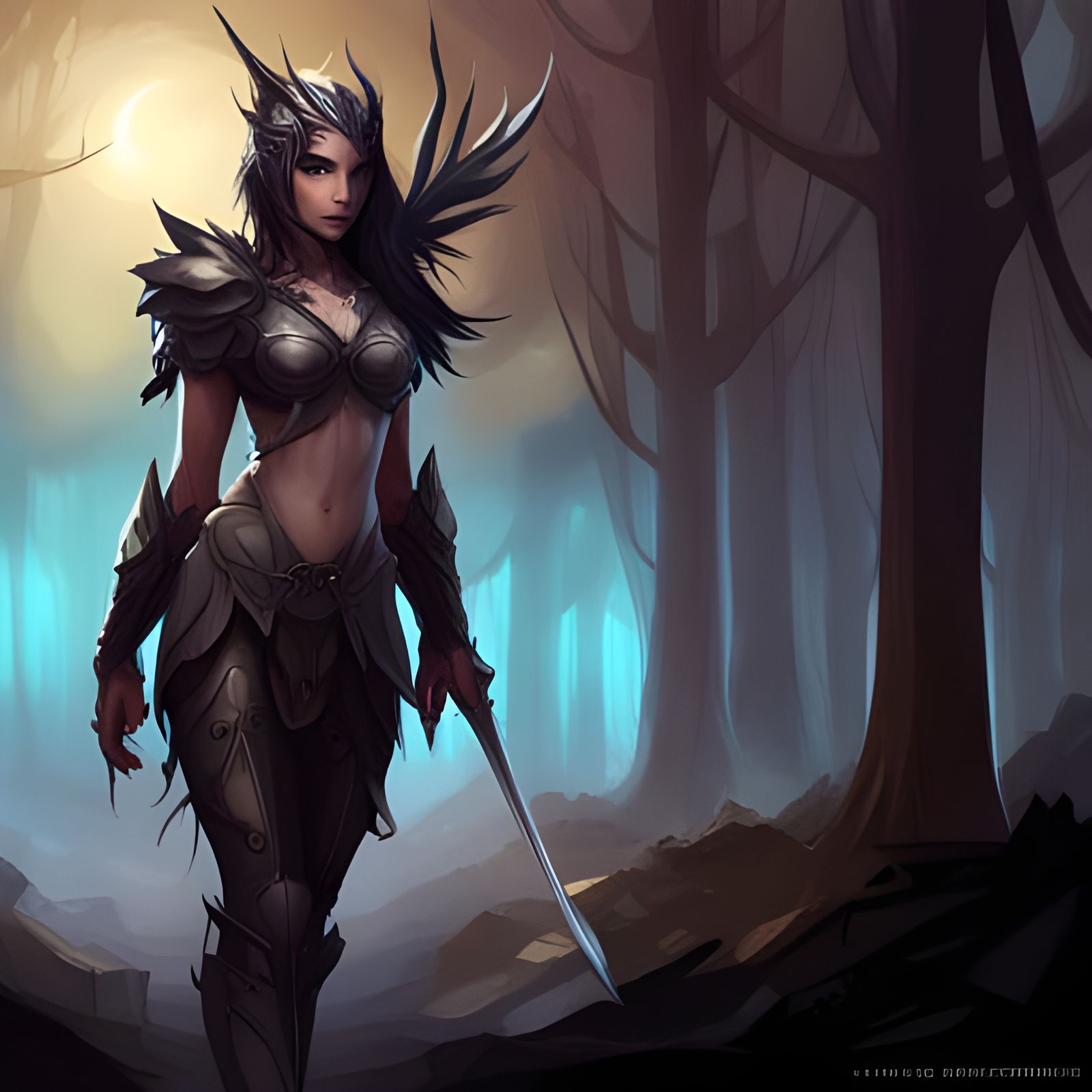 Dark Fairy Warrior in Misty Forest, Hyperdetailed Art