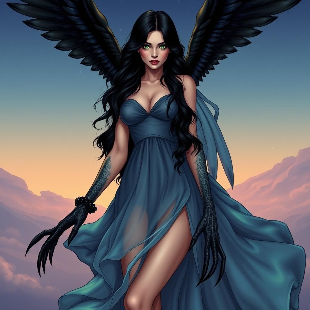 breathtaking female, mid 20's, luscious long wavy black hair, bright green eyes, gorgeous features, delicate flowing dar...