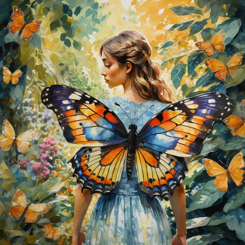 Girl with Butterfly Wings in Impressionist Gouache Style