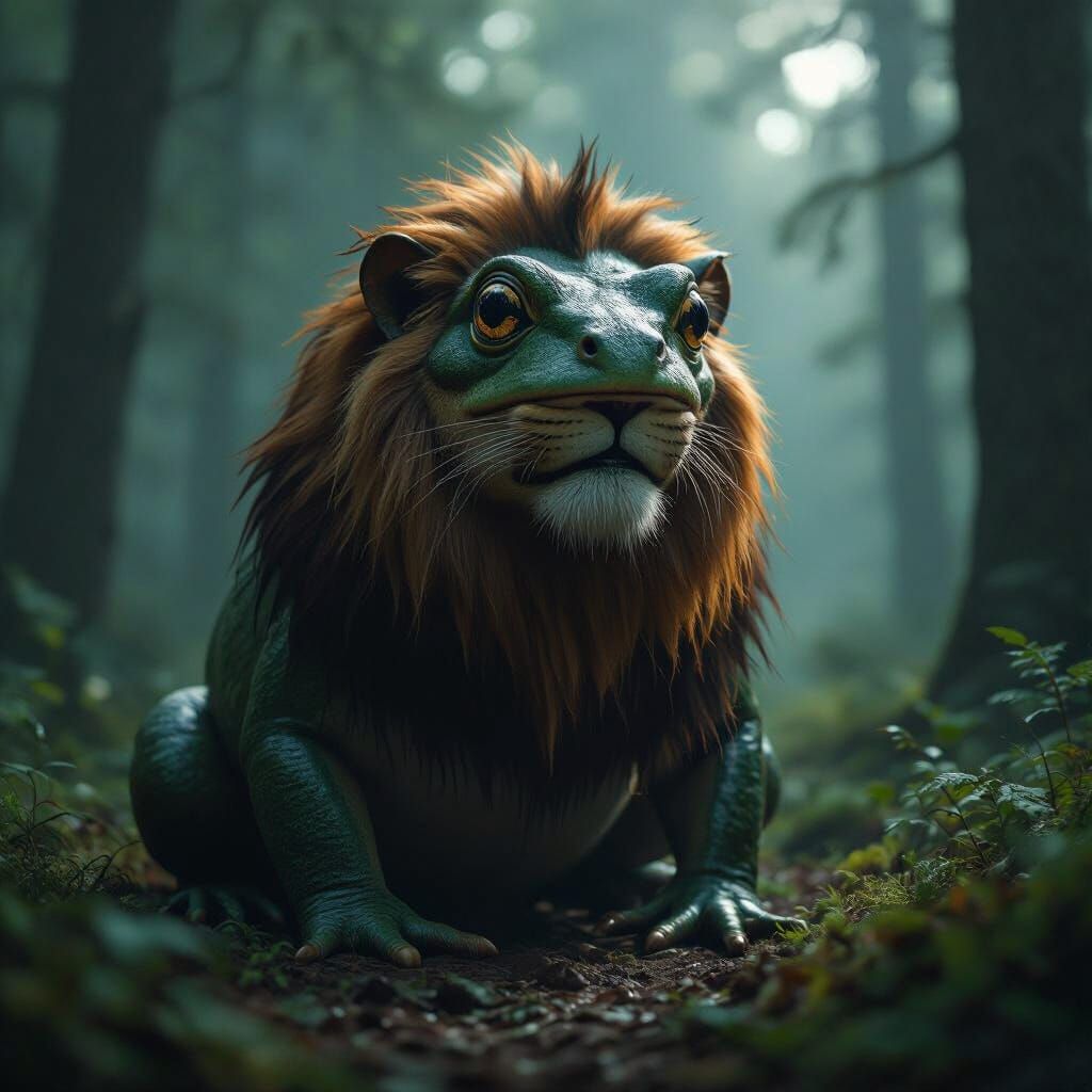 Mythical Frog-Lion Hybrid in Atmospheric German Forest
