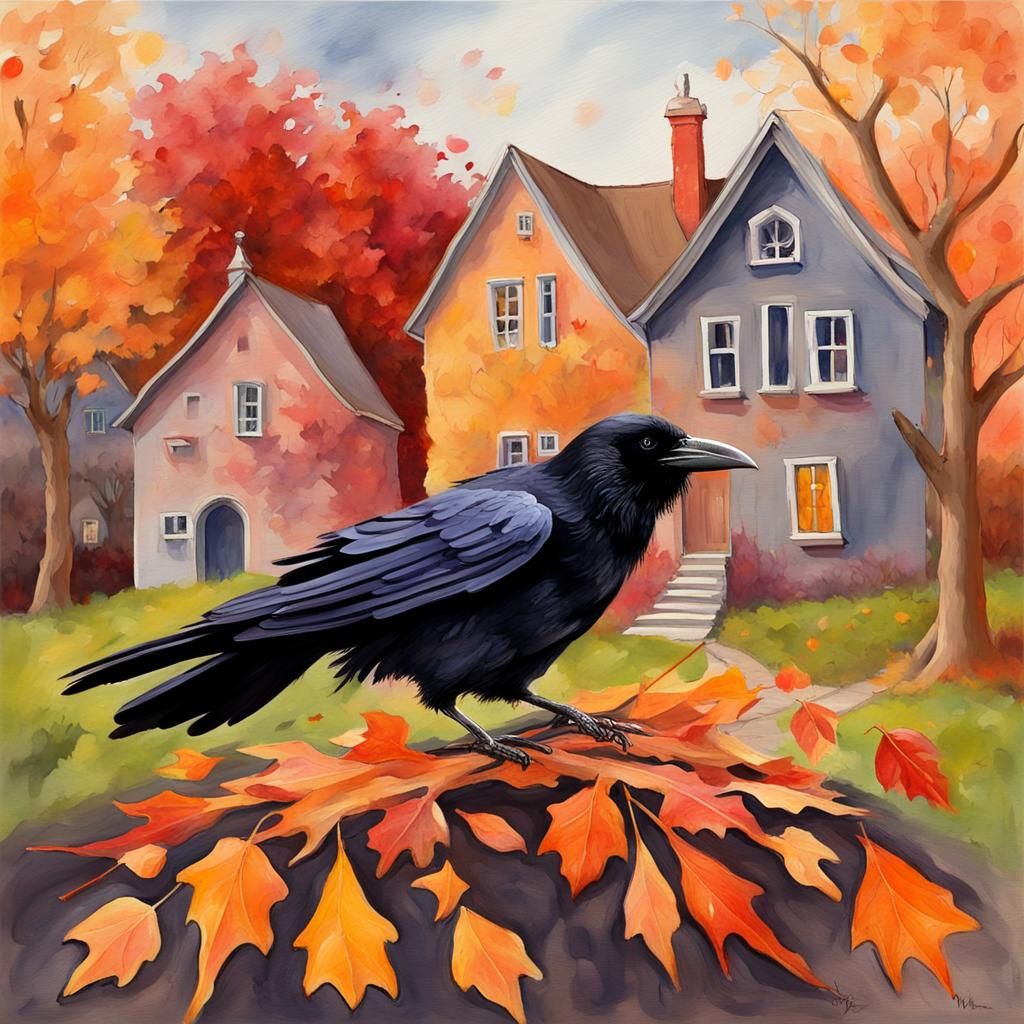 Whimsical Raven in Autumn Village: Gouache Impressionist Pai...