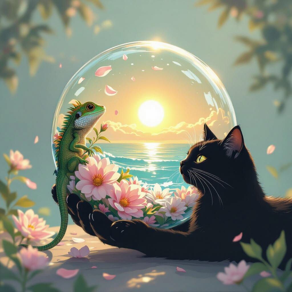 Cat Holds Glass Sphere with Flowers: Whimsical Art