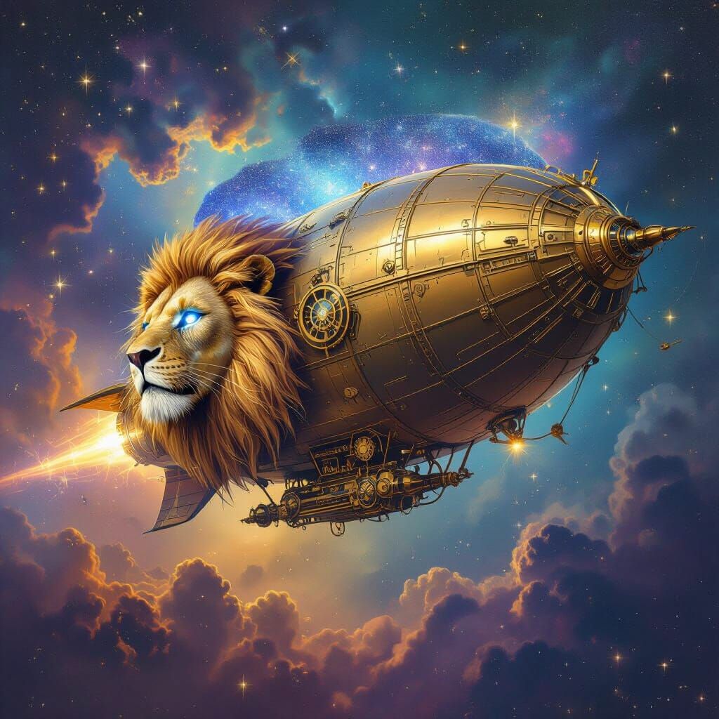 Lion Airship Soaring Through Nebula in Surrealist Style