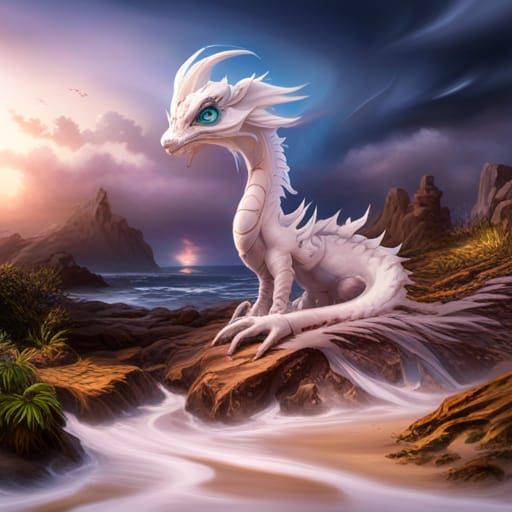 Ethereal Beach Scene with Blue-Eyed Baby Dragon