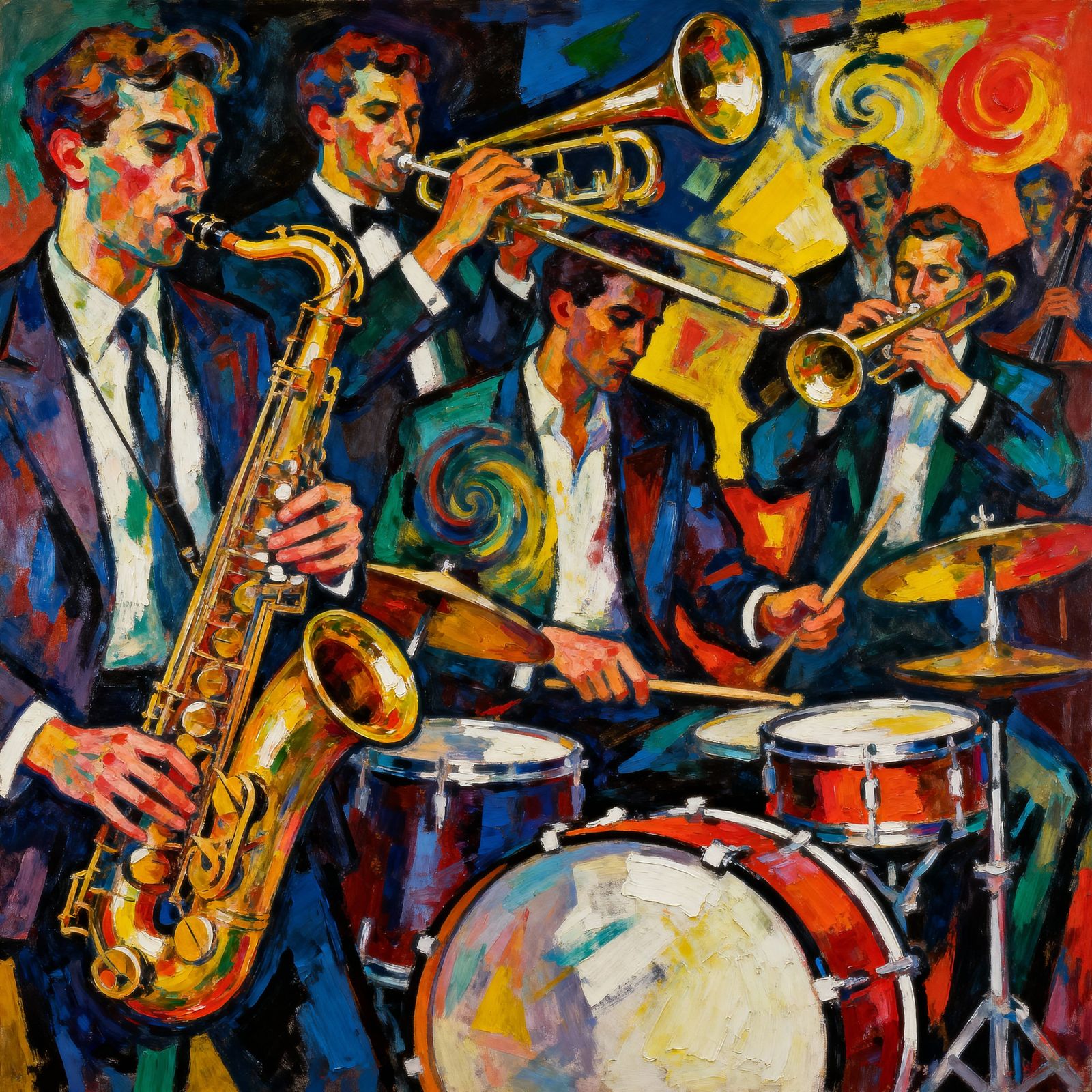 Vibrant Maximalist Jazz Scene in Expressionistic Style