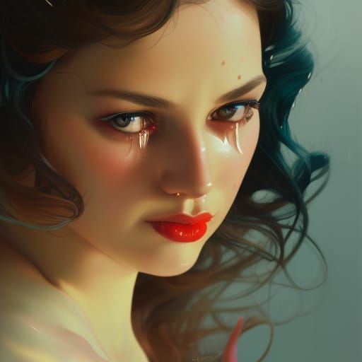 Crying Pin-Up Girl Portrait in Art Nouveau Style