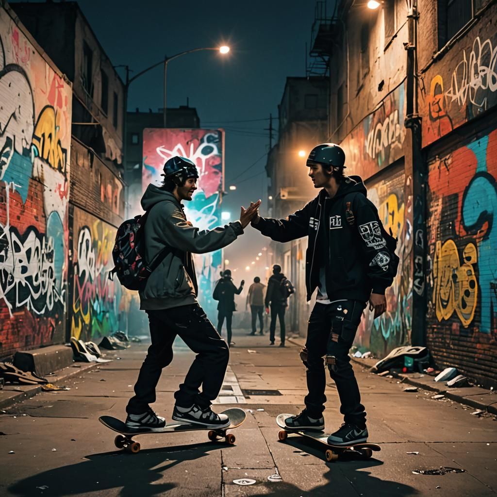 Skateboarders High-Fiving at Night in Graffiti Ruins