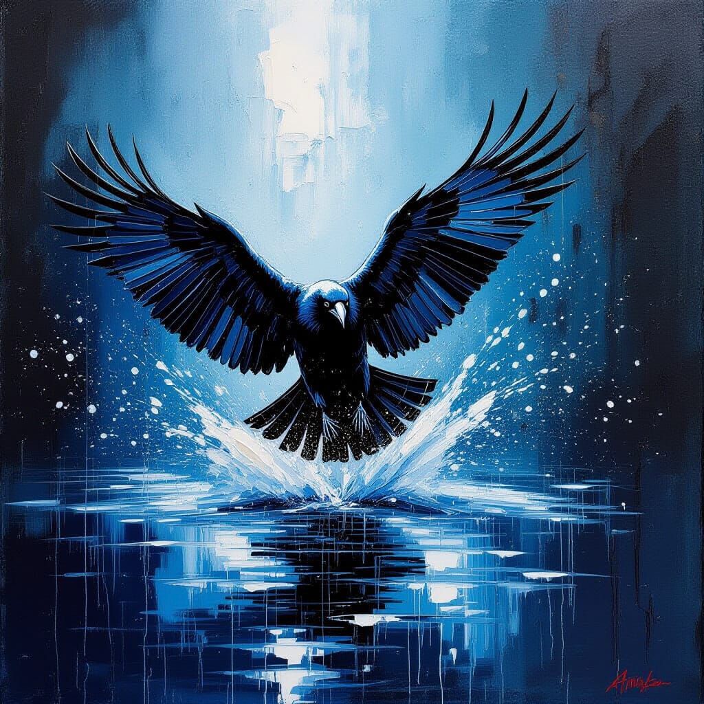 Raven Emerges from River: Impasto Oil Painting