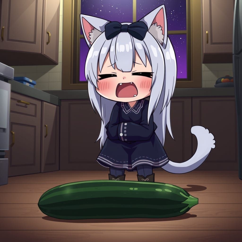 Anime Catgirl's Cucumber Scare in Cartoon Style
