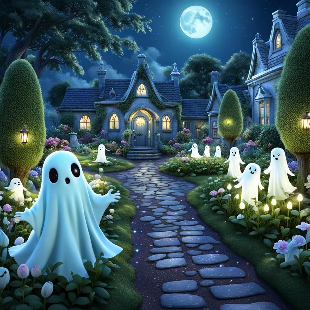 Ghost and Fairies in Moonlight Garden