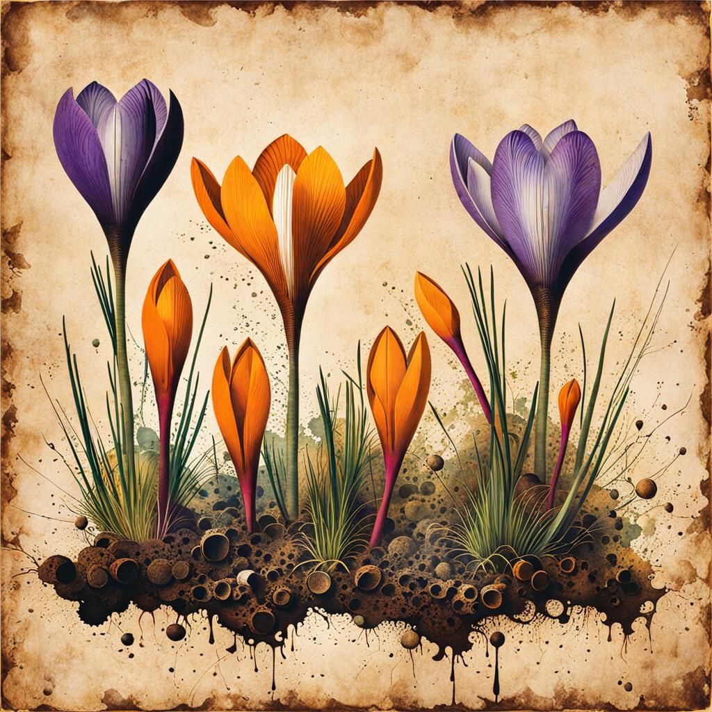 Crocus Flowers and DNA in Grattage Art Style