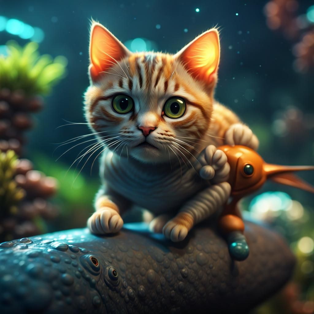 Cat Perched on Fish Shoulder: Hyperdetailed Concept Art