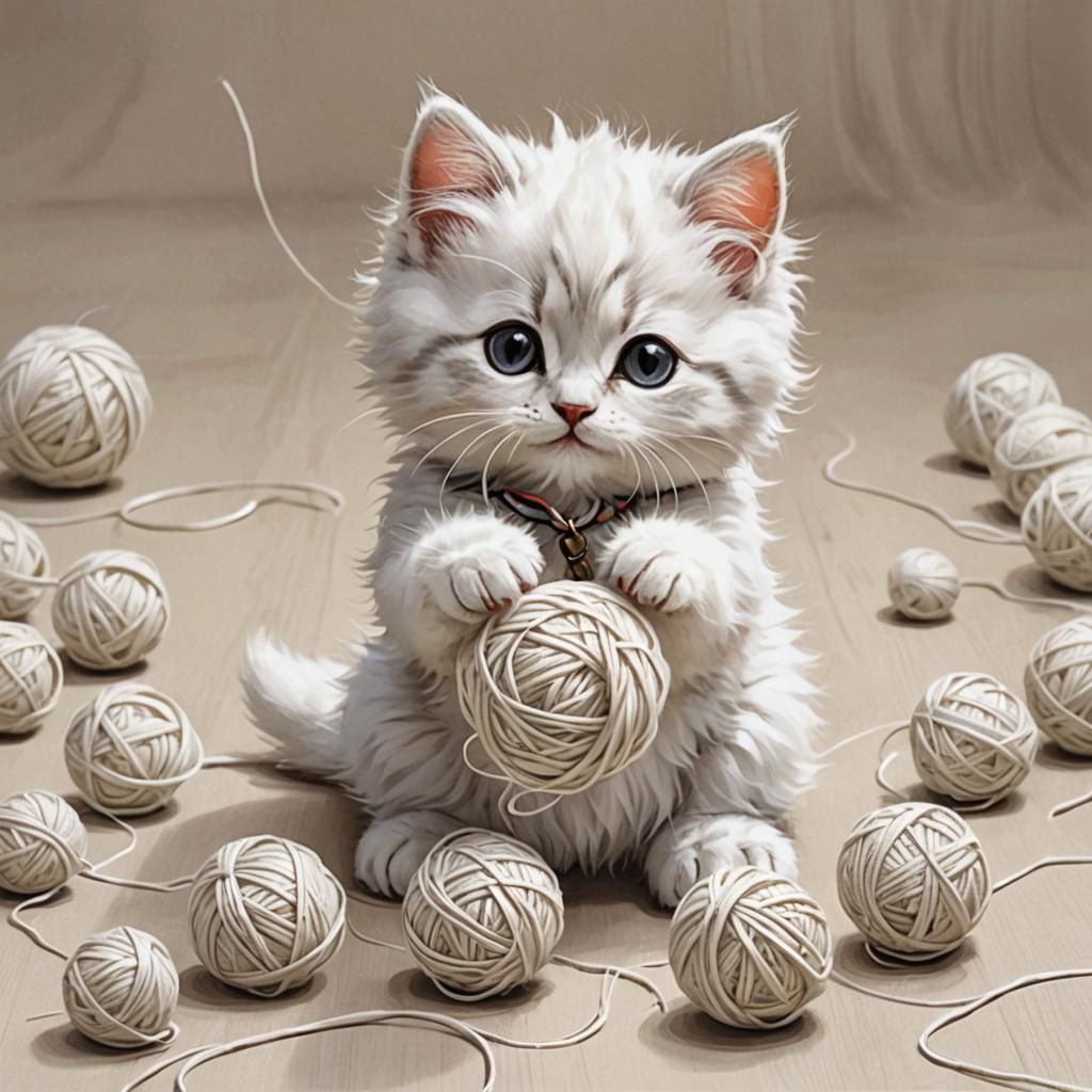 Fluffy White Kitten Plays with Yarn: Anime Style