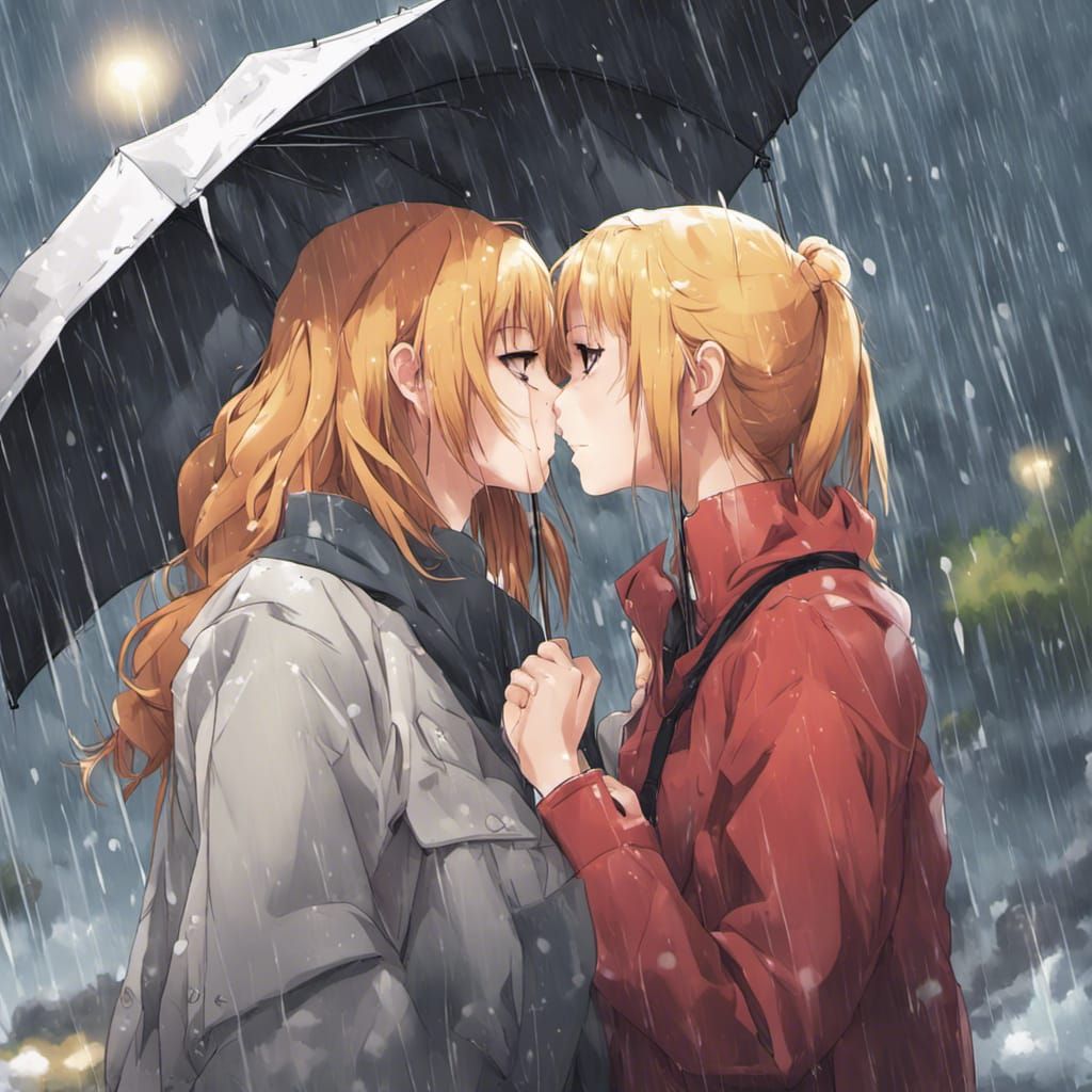 Anime Style: Women Kissing in the Rain