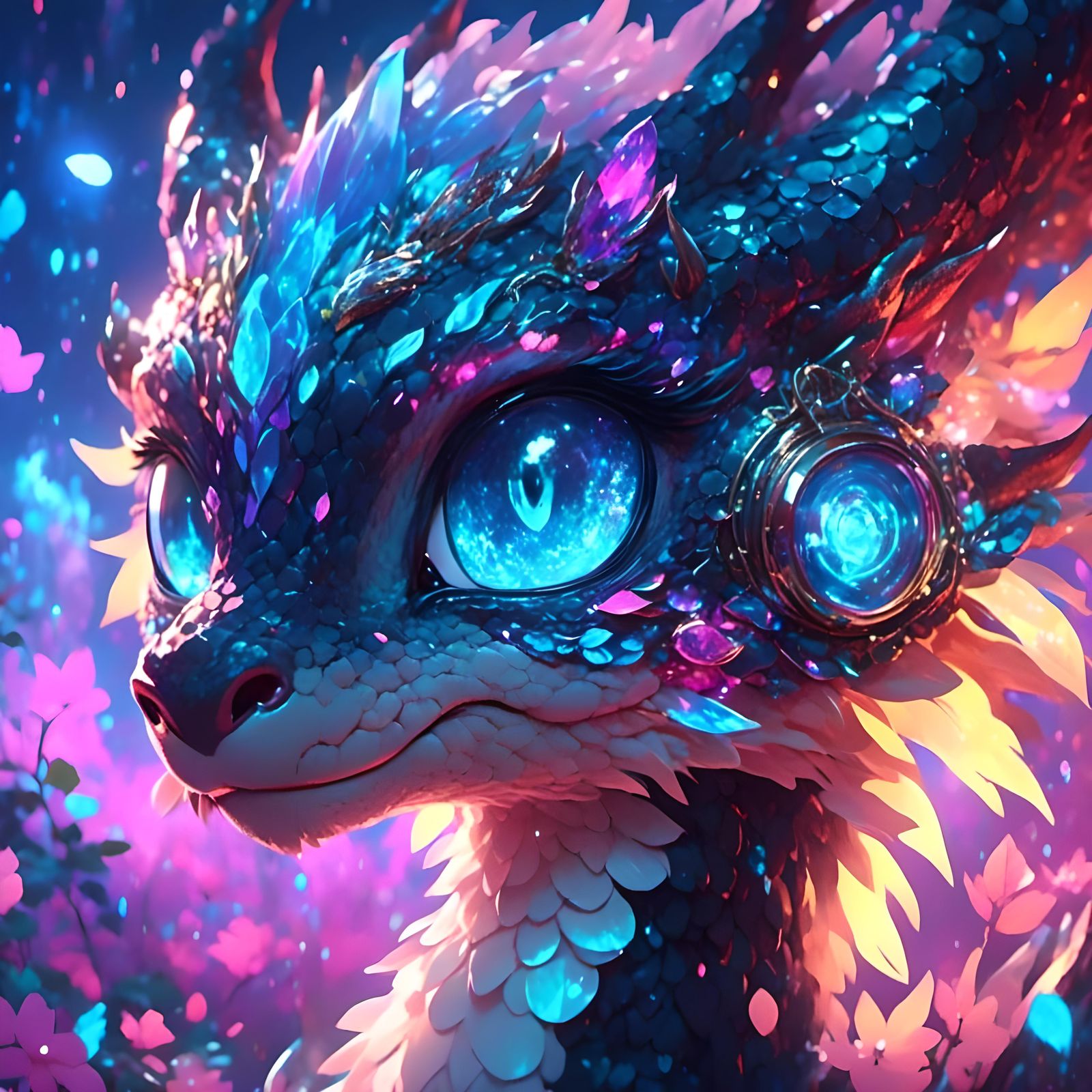 Cyberpunk Dragon Portrait in Dreamy Techno Style
