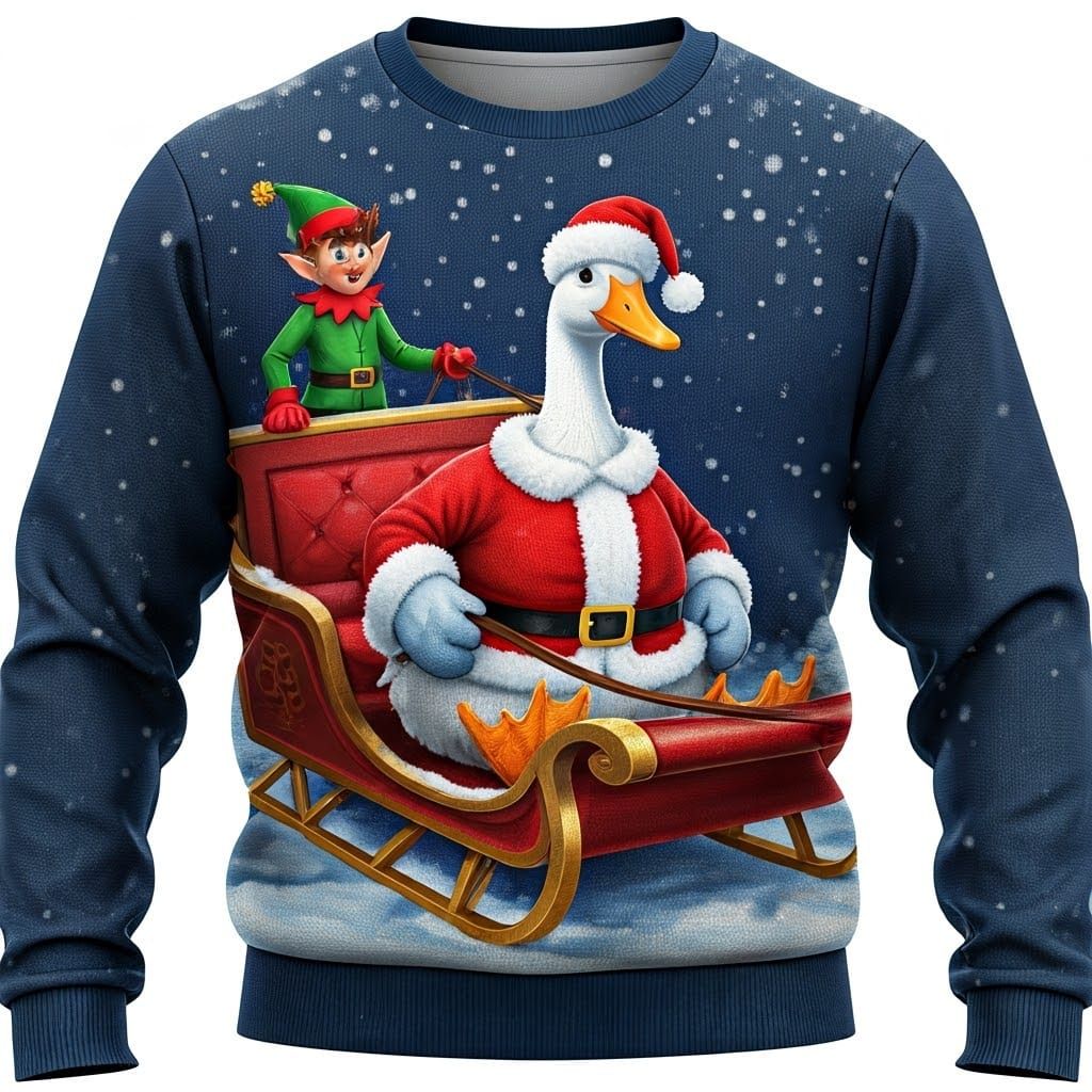 Festive Christmas Goose in Santa Costume, Riding Sleigh with...