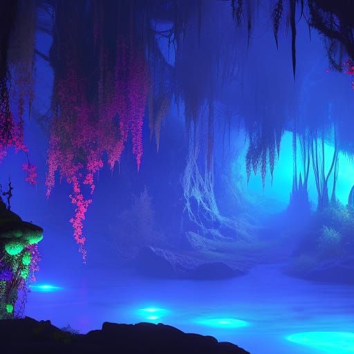 underground cavern "xorvintaal" "junnesejer" creeping red rhizones and nightshade vines, faal fasnu krein; polychromatic...