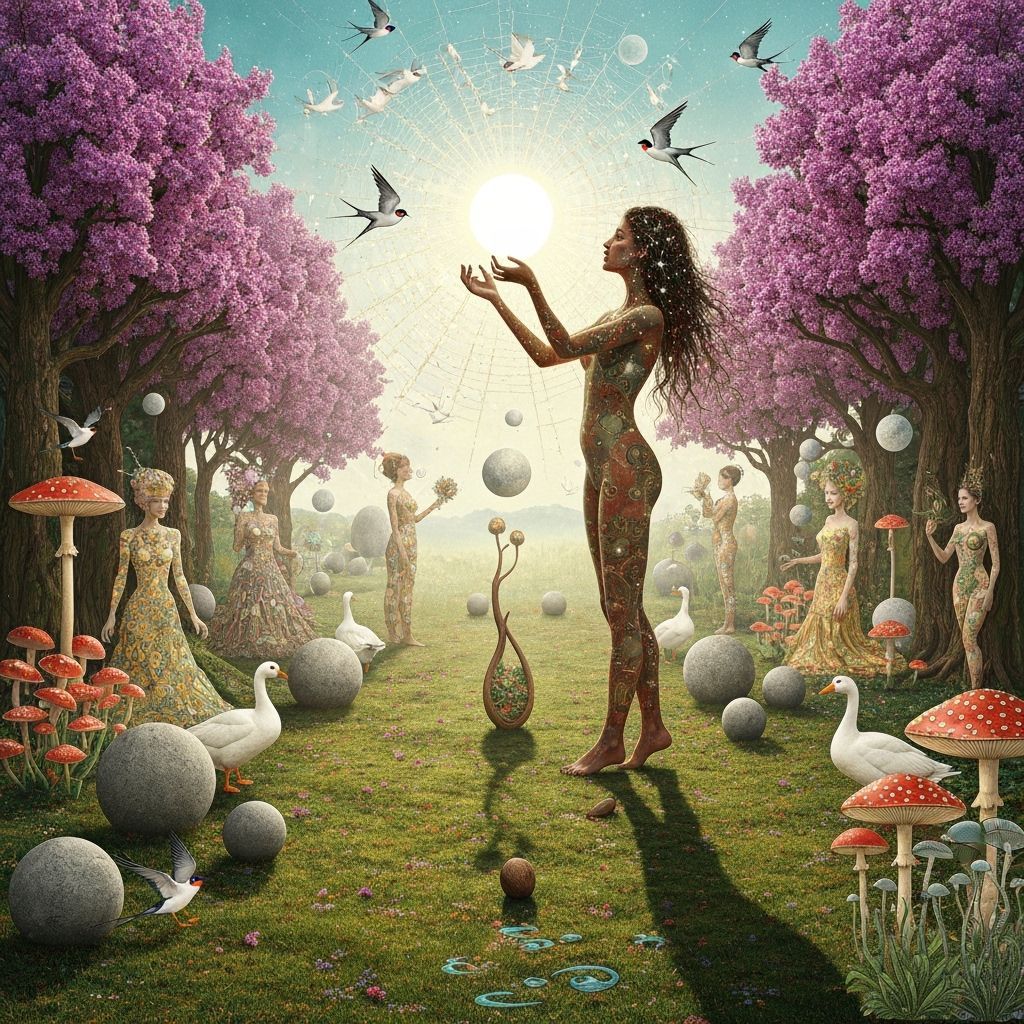 Cosmic Goddess of Life Amidst Surreal Garden