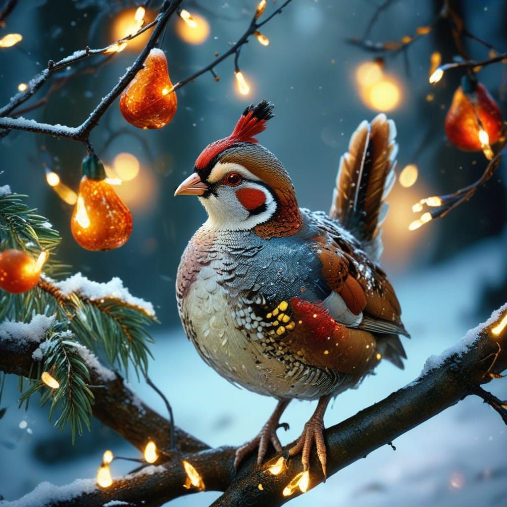 A Partridge in a Pear Tree Under Autumn Christmas Lights