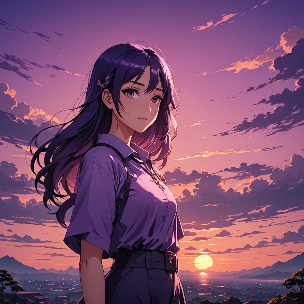 Anime Girl at Purple Sunset: Cel-Shaded Manga Art