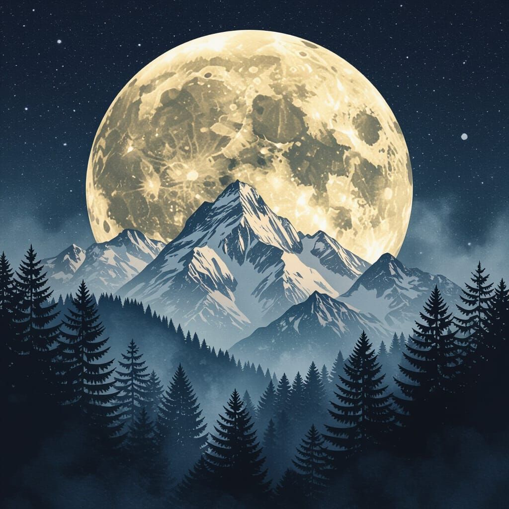 Mountain Full Moon Forest Double Exposure Watercolour Art