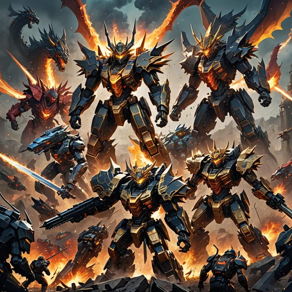 Mecha Anime Battle in War-Torn Landscape