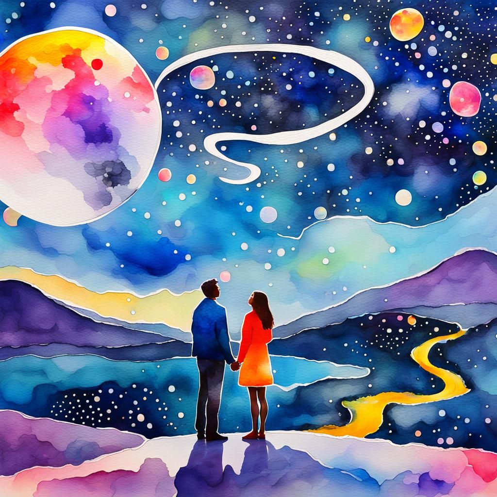 Abstract Watercolor Photo of Couple Under Starry Moon