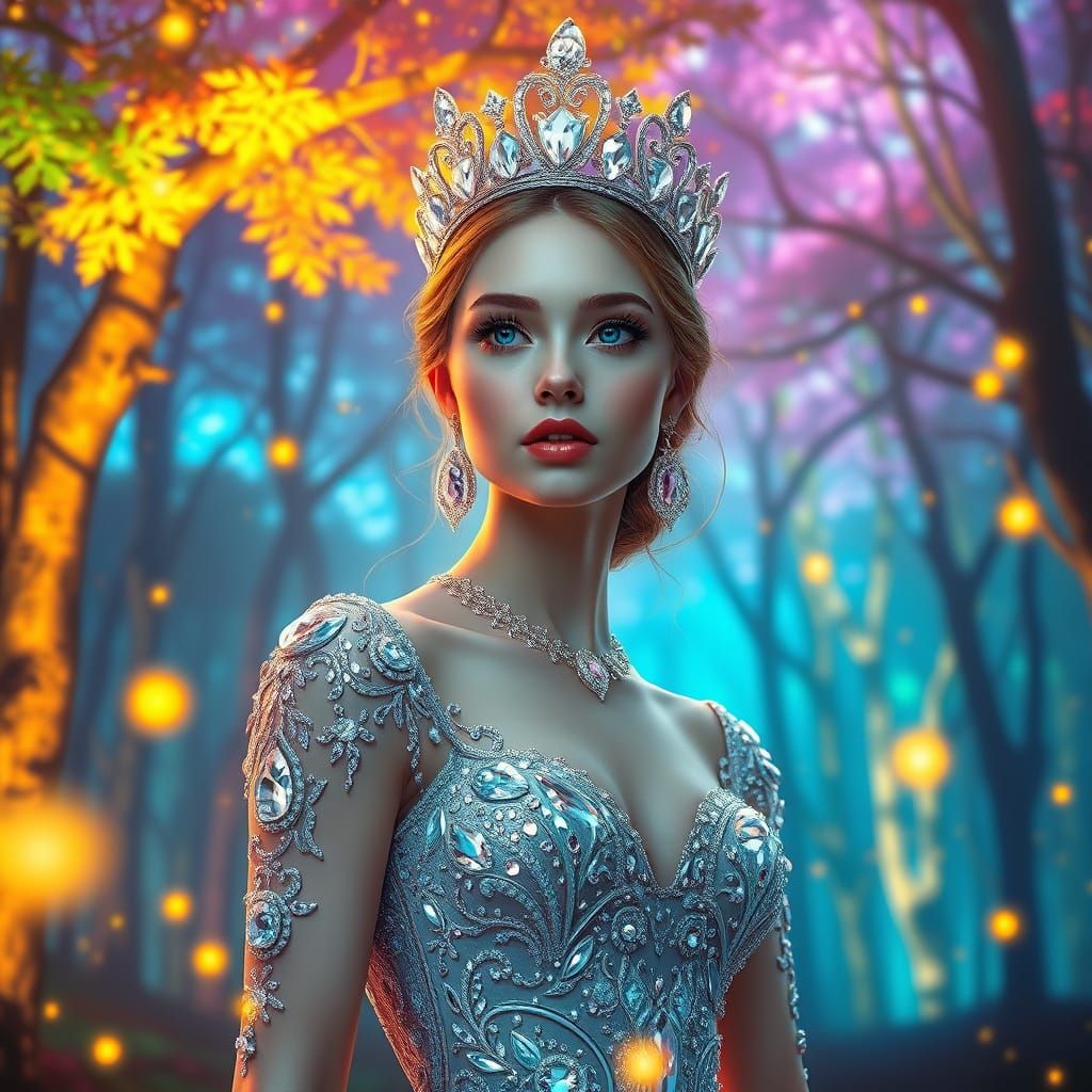 Ethereal Princess in Majestic Crystal Gown, Surrounded by Vi...