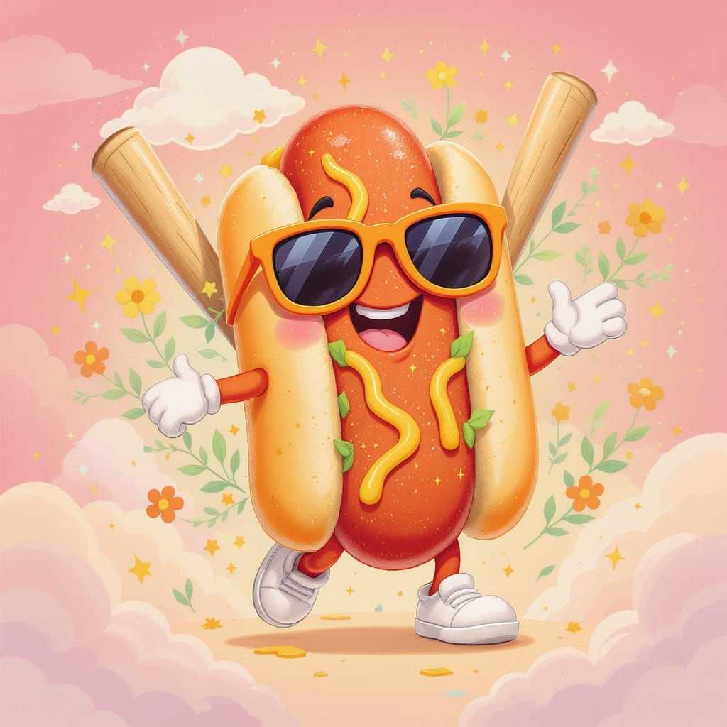 Smiling Hot Dog in Sunglasses - Whimsical Digital Art