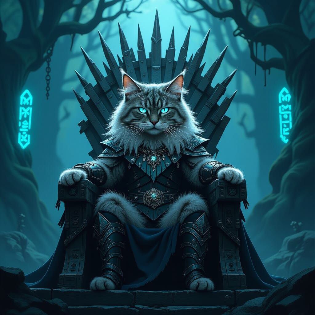 Majestic Metal Cat on Industrial Throne