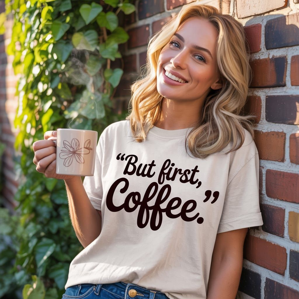 Woman in "But First, Coffee" T-Shirt with Coffee Mug