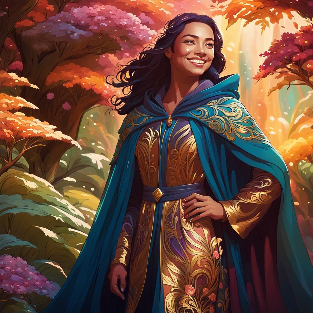 Vibrant Fantasy Figure in Lush Environment