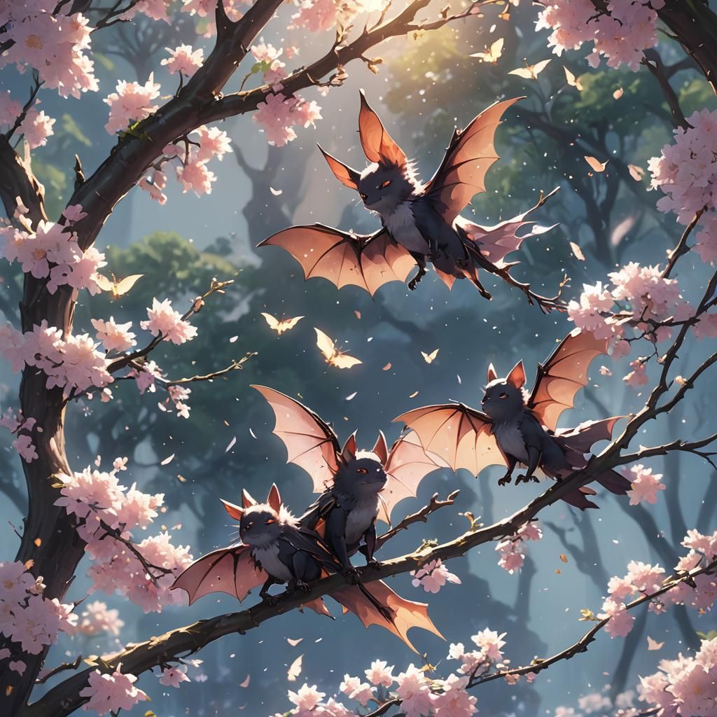Charming Bats in Tree: Vibrant Anime Concept Art