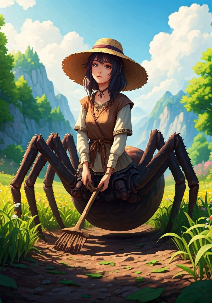 Young Spider Woman Tending Fields in Idyllic Landscape